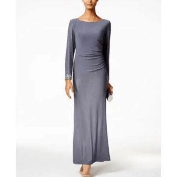 Alex Evenings Glittery Dark Gray Ruched Side floor Lengh Gown W/jeweled cuffs 8 - Picture 1 of 11